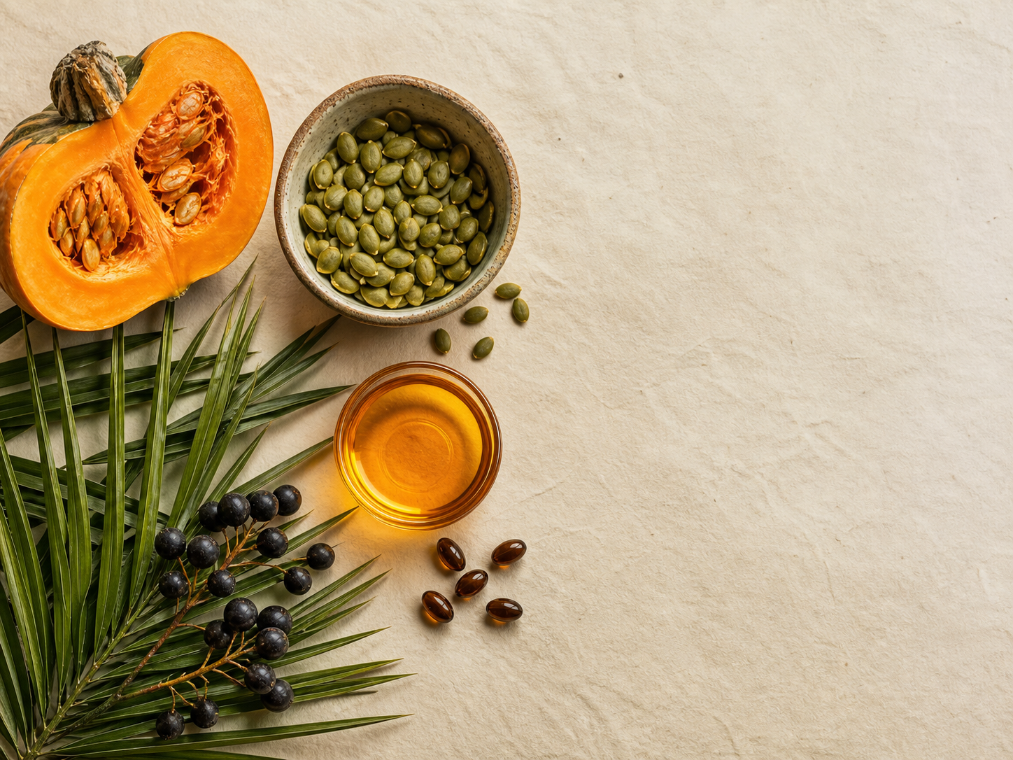 Pumpkin, pumpkin seeds, saw palmetto berries, oil and softgels